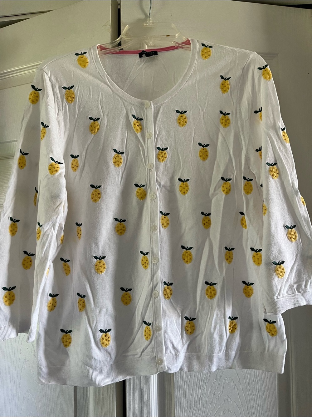 Talbots Three-Quarter Sleeve Cardigan with Pineapple Motif